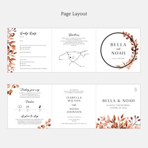 May include: A wedding invitation suite with a fall theme. The invitation features a watercolor illustration of autumn leaves in shades of orange, brown, and red. The text on the invitation reads "Bella & Noah" and includes the date and location of the wedding. The RSVP card includes a map of the area and a section for guests to indicate their attendance.