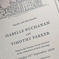 Letterpress Wedding Invitations. Traditional debossed wedding invite with custom venue sketch. Luxury wedding stationery with venue drawing.