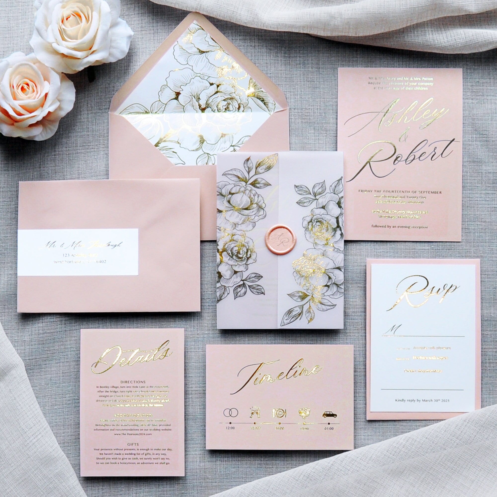 Elegant blush Wedding Invitations with Foil and Belly Band LCZ166