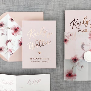 Rose Gold Floral Luxury Folding Wedding Invitations with tear-off RSVP postcard and Vellum wrap. Dusty Pink & foil wedding invites image 1