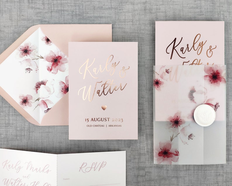 Rose Gold Floral Luxury Folding Wedding Invitations with tear-off RSVP postcard and Vellum wrap. Dusty Pink & foil wedding invites image 1