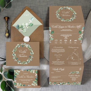 Greenery Wreath Kraft Effect- Wedding Invitation & Save the Date or change the date, greenery wedding invites, concertina wedding invitation