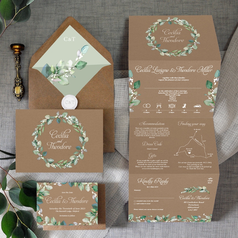 Greenery Wreath Kraft Effect Wedding Invitation & Save the Date or change the date, greenery wedding invites, concertina wedding invitation image 1