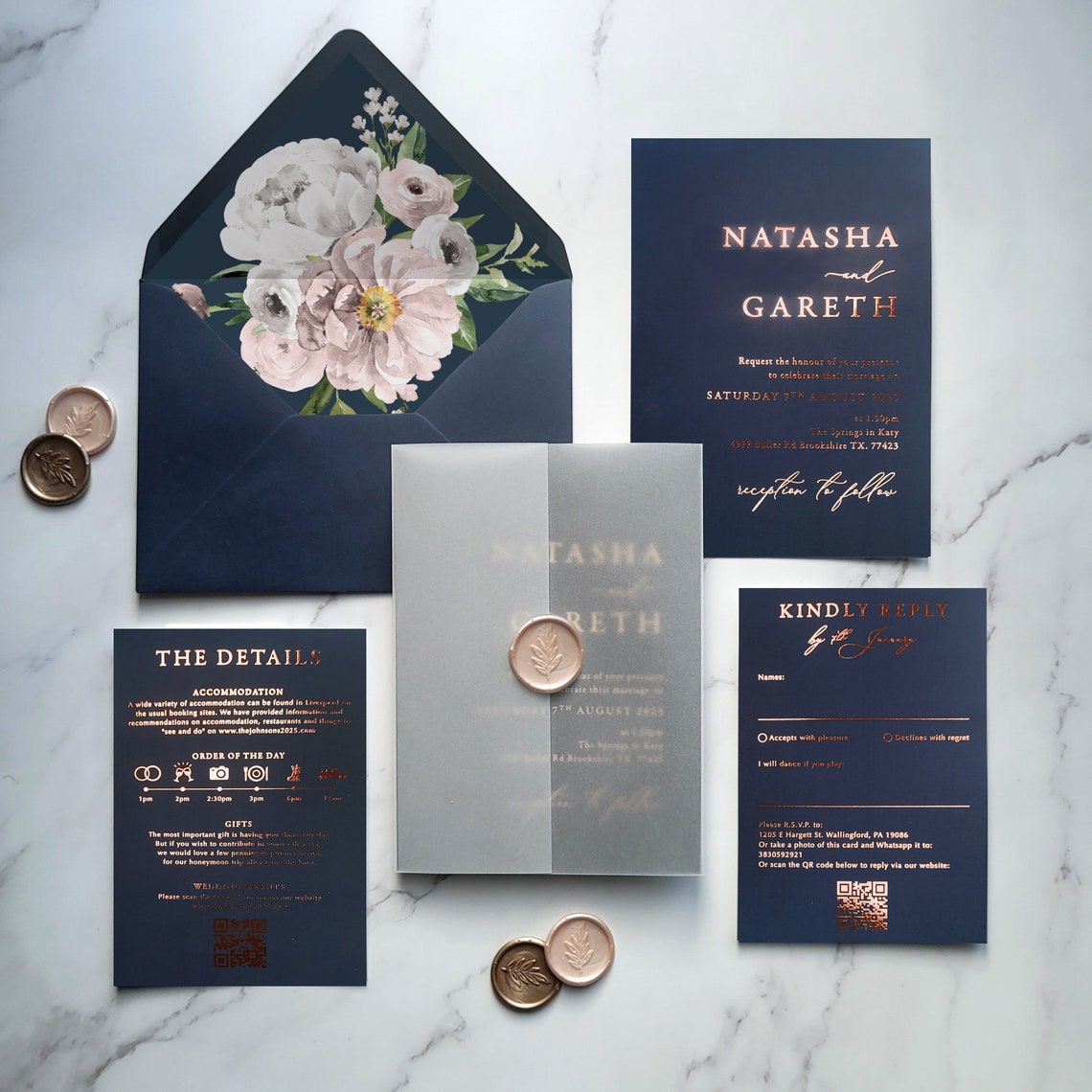 Navy Rosegold Foiled Wedding Invitation  Rose Gold Silver or image 1