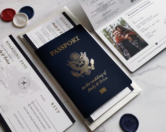 Verenigde Staten paspoort bruiloft uitnodiging, bestemming bruiloft, Amerikaanse paspoortstijl, VS paspoort, Amerikaans paspoort.