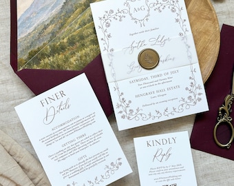 Agatha Wedding Invitation, Floral Bridgerton, Regency Style, Burgundy, Romantic, Vintage English Garden, Monogram, Vellum Bellyband Wax Seal