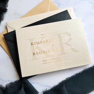 Kimberly Concertina Wedding Invitations Foiled. Shimmery card and Gold Foil invite text. RoseGold or Silver foil available. Tonal