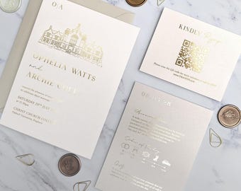 Ophelia Foiled Wedding Invitation. Shimmery card and Gold Foil invite with custom venue. RoseGold or Silver foil available. Neutral palette