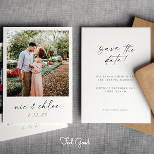 May include: A white save the date card featuring a photograph of a couple, with the text "save the date!", "NIC PAPA & CHLOE MILES ARE GETTING MARRIED", "SIXTH OF DECEMBER 2025", and "LONG ISLAND". A second card shows "nic & chloe" and "6.12.25".