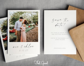 May include: A white save the date card featuring a photograph of a couple, with the text "save the date!", "NIC PAPA & CHLOE MILES ARE GETTING MARRIED", "SIXTH OF DECEMBER 2025", and "LONG ISLAND". A second card shows "nic & chloe" and "6.12.25".