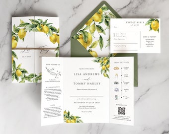 Lemons Mediterranean Gate Fold Wedding Invitation. Sicilian Greenery Wedding Invites, Timeline, QR code, Destination, Luxury textured card