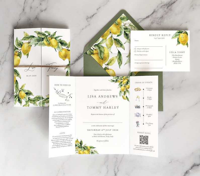 May include: A lemon-themed wedding invitation with a green envelope. The invitation features a watercolour illustration of lemons and leaves. The text on the invitation reads "Lisa Andrews and Tommy Harley" and "Saturday 4th July 2028".