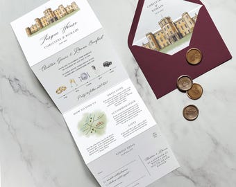 Wedding invitations Venue illustration. Luxury invitation with custom painting watercolour sketch.