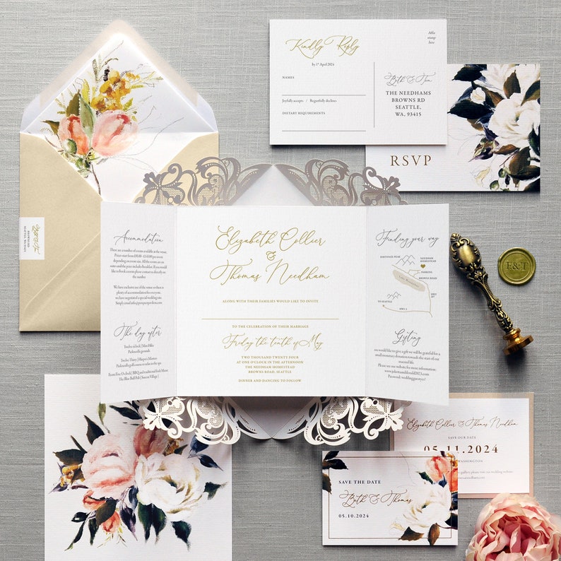 Fleur Luxury Folding Wedding Invitations & Save the Date. Oil on Canvas floral wedding invites, wax seal, laser cut pocket fold image 2