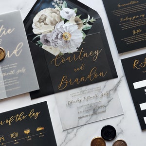 Clear Acrylic foiled wedding invitations featuring a luxurious script font. Perspex. Transparent, elegant, luxury wedding invites.