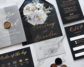 Clear Acrylic Wedding Invitations, Gold Foil Script, Elegant Perspex