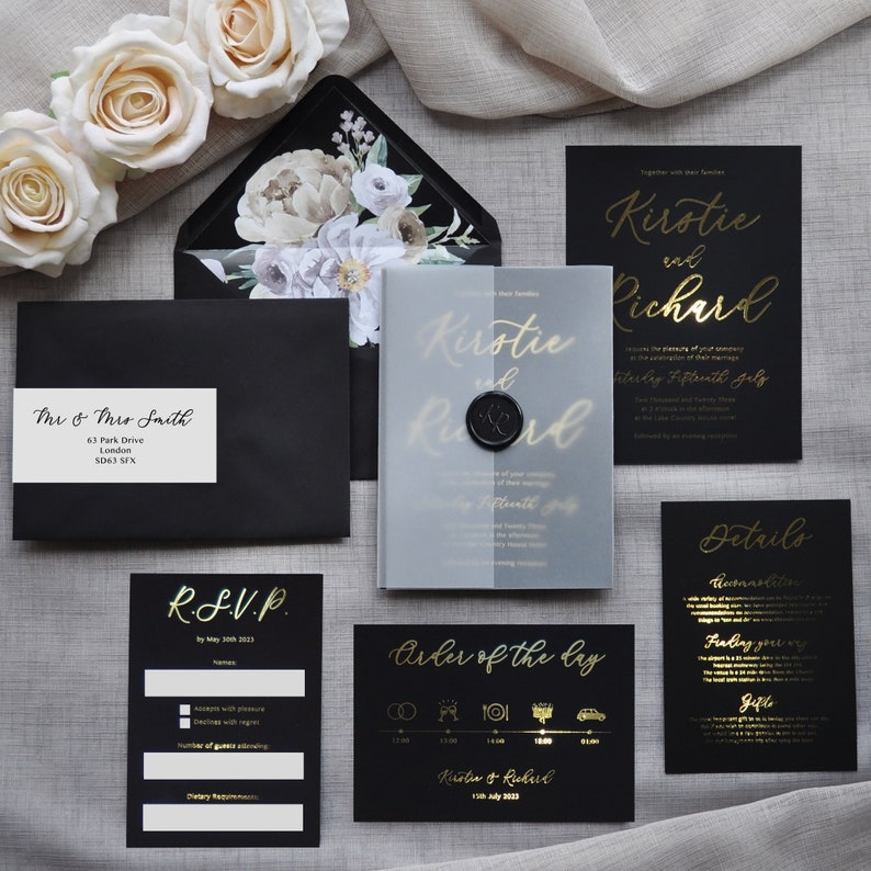 Wedding Invitation Luxury Foiled Script. Gold, Silver or Rose Gold foil. Monochrome wedding invitation set, custom colours available image 1