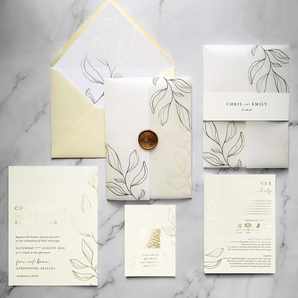 Botanical Wedding Invitation - Ivory Neutral Foiled wedding invitation set, custom colours available