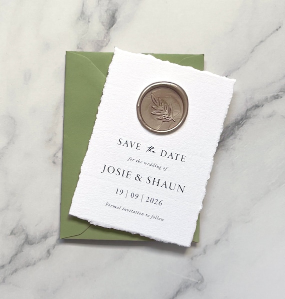 Wax Seal Save the Date, Sage Green Envelope, Luxury Textured Card