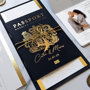Black & Gold Pass Hochzeitseinladung, Bordkarte Antwortkarte, Flugzeug, Hochzeit in Ihrem Land, Reisehochzeit, Flugticket einladen Foil Twine