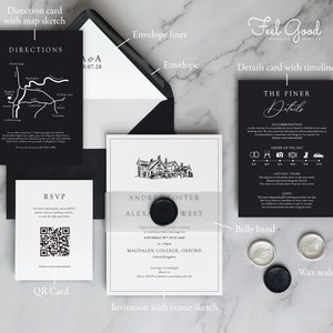 Black & White Venue Sketch wedding Invitation. Classic Black and white, monochrome wedding invitation set with custom venue illustration image 2