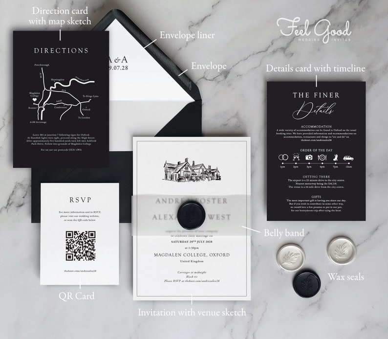 Black & White Venue Sketch wedding Invitation. Classic Black and white, monochrome wedding invitation set with custom venue illustration image 2