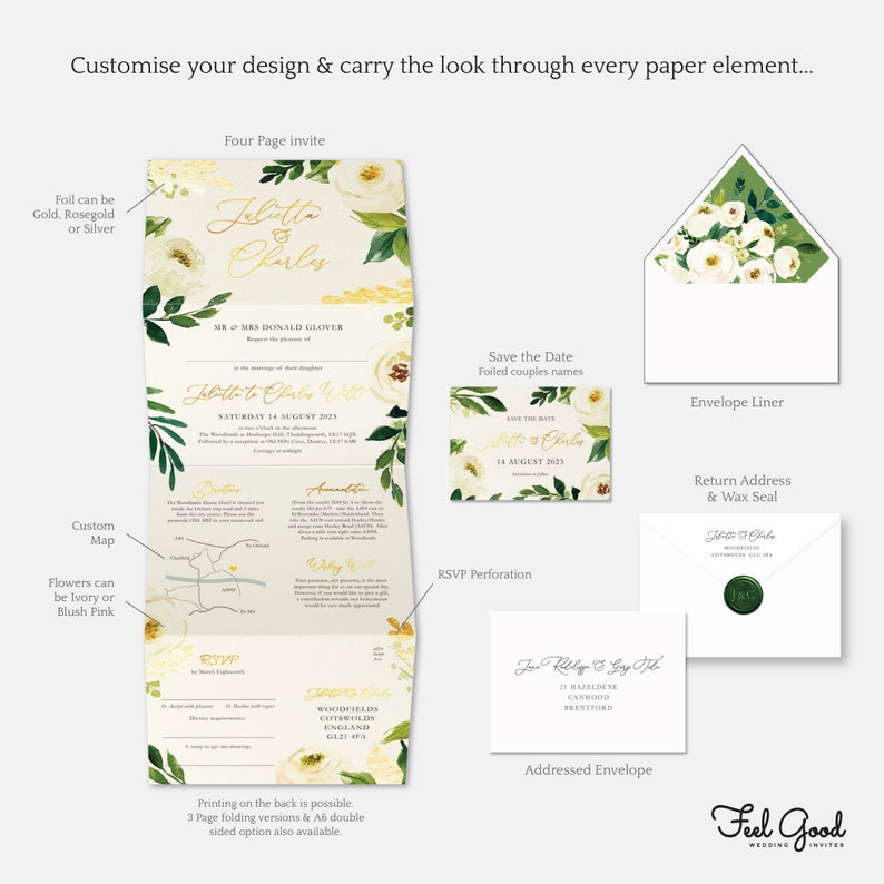 Viennese Luxury Gold Foil Wedding Invitations and Save the Date. Hand painted white & ivory florals, stunning greenery. wedding invites image 2