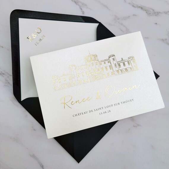 Renee Venue Foil Concertina - Luxury Gold Foil on Pearlised Card. Save the Date. With custom venue sketch. Wedding Invites