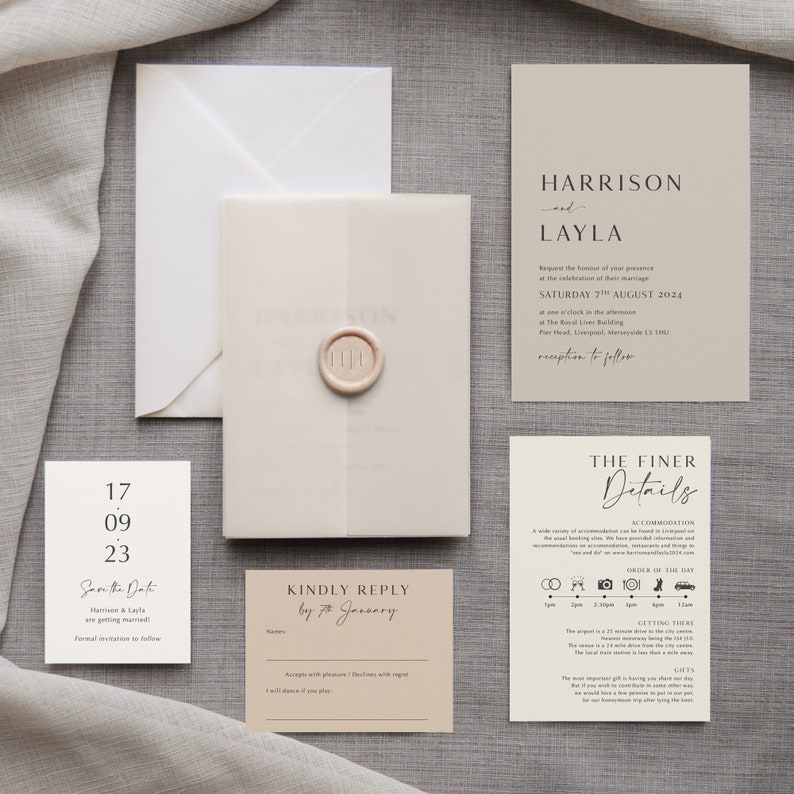 Wedding Invitation & Save the Date. Neutral invitation set. Tonal invitation. With velum wrap. On luxury textured card 