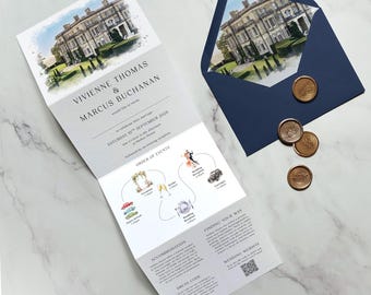 Vivienne Wedding invitations with Venue Painting. Luxury invitation featuring custom watercolour