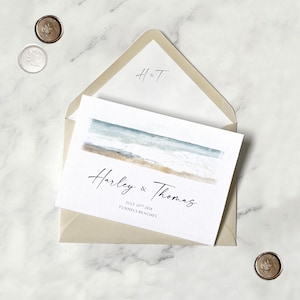 Küstenstrand-Hochzeitseinladung. Luxus-Conzertina-Hochzeits-Einladung. Elegant, Ozean Aquarell, Urlaubsziel, Meer. Hochzeit im Freien im Ausland