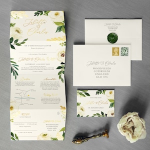 Viennese Luxury Gold Foil Wedding Invitations and Save the Date. Hand painted white & ivory florals, stunning greenery. wedding invites image 1