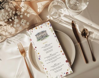 Pressed Wildflower Wedding Menu Card, Custom Venue Illustration