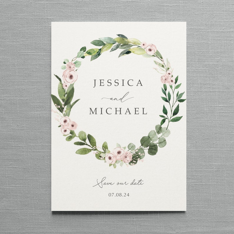 Wedding Invitation Jessica. Greenery Wreath with Pink Flowers. Eucalyptus and Blush pink florals. With rustic twine and vellum wrap zdjęcie 4