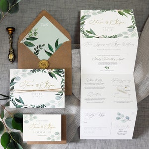Eucalyptus - Luxury Trifold Wedding Invitations & Save the Date or change the date. Rustic Eucalyptus wedding, greenery wedding invites