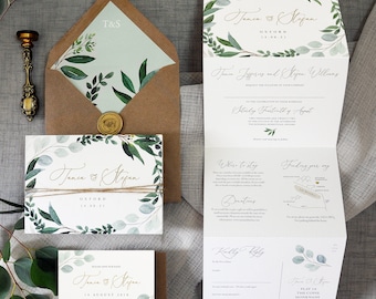 Eucalyptus - Luxury Trifold Wedding Invitations & Save the Date or change the date. Rustic Eucalyptus wedding, greenery wedding invites