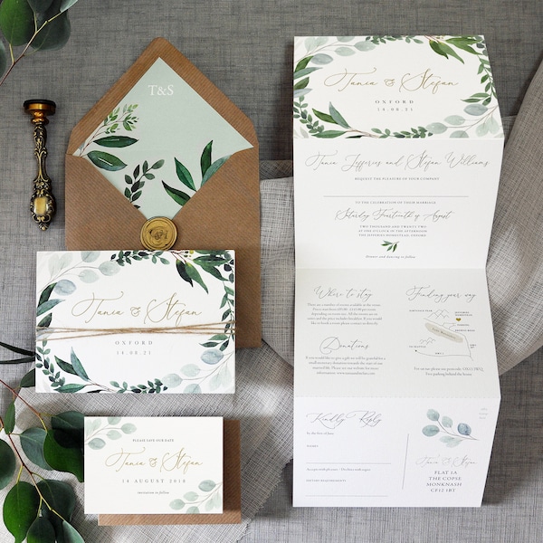 Eucalyptus - Luxury Trifold Wedding Invitations & Save the Date or change the date. Rustic Eucalyptus wedding, greenery wedding invites