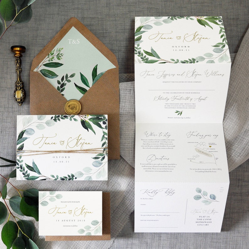 Eucalyptus - Luxury Trifold Wedding Invitations & Save the Date or change the date. Rustic Eucalyptus wedding, greenery wedding invites 