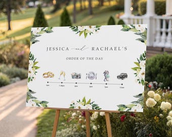 Wedding welcome and Order of the Day sign, floral welcome sign, reception sign, welcome sign, welcome board, easel sign, entrance sign roses