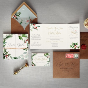 Winter-Weihnachtshochzeits-Einladung. Noelle Luxus Hochzeitseinladungen & Save the Date. Eukalyptus, Stechpalme Hochzeit im Grünen lädt ein