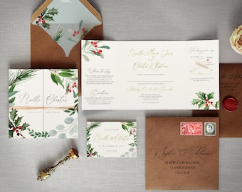 Winter Christmas Wedding Invitation. Noelle Luxury Gatefold Wedding Invitations & Save the Date. Eucalyptus, Holly greenery wedding invites