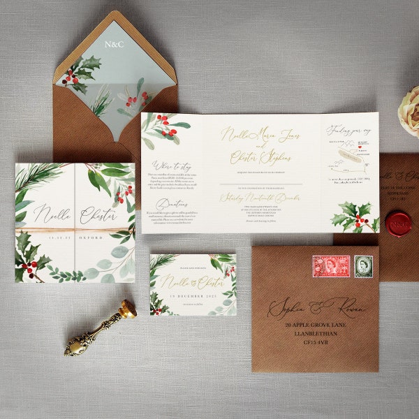 Winter Christmas Wedding Invitation. Noelle Luxury Gatefold Wedding Invitations & Save the Date. Eucalyptus, Holly greenery wedding invites