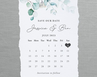 Calendrier « Save the Date » aquarelle verdure. Bords déchirés et feuilles d'eucalyptus. Carte avec bord droit ou bord déchiré, ou aimant.