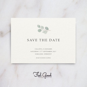 Klassisch Save the Date oder Edit the Date, Karte oder Magnet. Auswahl an Eukalyptus grün. Schlichtes Save the Date, zeitloses Save the Date.