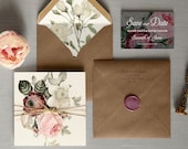 English Garden- Luxury Folding Wedding Invitations & Save the Date. Rustic twine, greenery wedding invites, wax seal. Wedding invitation set