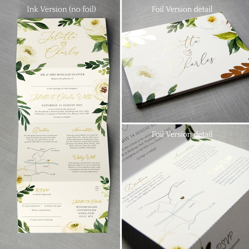 Viennese Luxury Gold Foil Wedding Invitations and Save the Date. Hand painted white & ivory florals, stunning greenery. wedding invites image 3