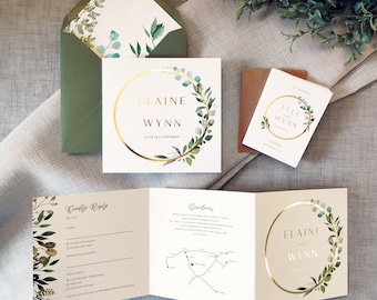 Unity - Foil Wedding Invitations & Save the date or Change the date. Luxury Eucalyptus wedding invites with foiled hoop detail and RSVP