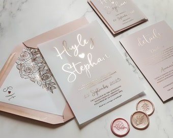 Pearl - Foil Vellum Wedding Invitations. Save the date. Blush pink rosegold foil wedding invites on Vellum. Rose Gold Foil.