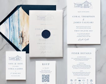 Beach Watercolour with Custom Venue Sketch wedding Invitation Classic Illustration Editorial Coastal Navy Seaside Wedding Destination