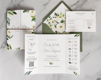 Emily Wedding Invitation Floral Gate Fold. Greenery and white floral wedding invites with timeline, QR code, map, twine